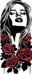 A woman with long hair is surrounded by red roses. The roses are arranged in a way that they are intertwined with the woman's hair, creating a beautiful and romantic scene. Concept of love and passion