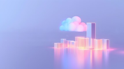 Fototapeta premium Abstract futuristic 3D cityscape with neon lights and clouds, featuring reflective surface and soft gradient colors. 3D Illustration.