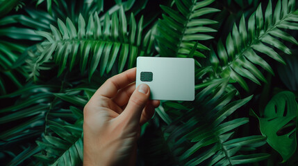 Hand holding a credit card surrounded by lush green ferns in nature..