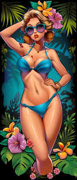 A woman in a bikini is standing in front of a tropical forest. She is wearing sunglasses and a blue bikini top