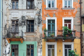 Naklejka premium Comparison of Old Building and Newly Renovated Building, Split View, AI-Generated, 4K High-Resolution Wallpaper