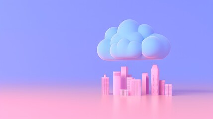 Fototapeta premium Abstract pastel cityscape with pink buildings under a blue cloud in a purple gradient background. Surreal urban concept. 3D Illustration.
