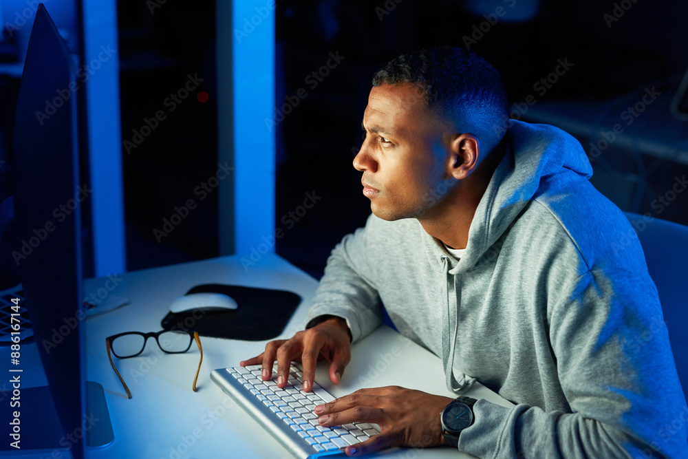 Poster crime, black man or hacker stealing on computer for cyber scam, malware or phishing for online data.