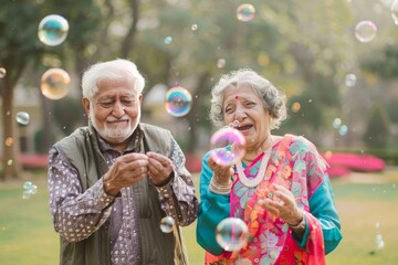 Elderly Indian Couple Having Fun Blowing Bubbles in the Garden