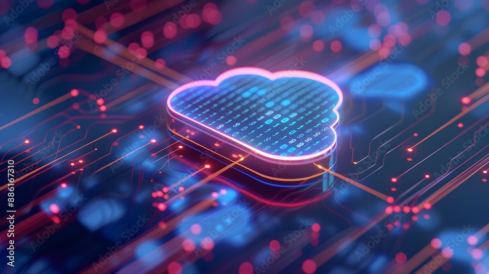 Poster abstract representation of cloud computing technology with neon lights and digital circuits. concept
