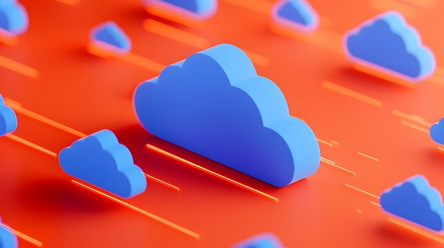 Abstract representation of cloud computing with blue clouds on an orange background symbolizing data storage and digital technology. 3D Illustration.