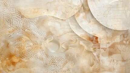 Abstract Background, a calming combination of beige, taupe, and ivory in a mixed media collage, featuring intricate patterns and smooth transitions captured in high definition.