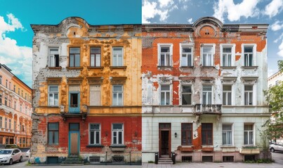 Obraz premium Comparison of Old Building and Newly Renovated Building, Split View, AI-Generated, 4K High-Resolution Wallpaper