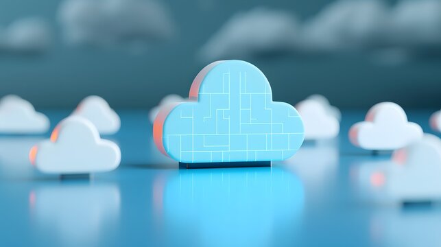 Blue digital cloud with circuit pattern representing cloud computing and technology in a futuristic setting with multiple clouds around. 3D Illustration.