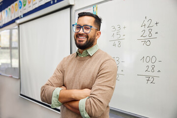 Happy satisfied math teacher in elementary class