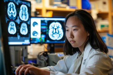 Professional Photography of young Asian scientist analyzing data on a computer screen, Generative AI