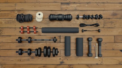 Organized Fitness Equipment on Wooden Floor - Dumbbells, Resistance Bands, Foam Roller Detail, Generative Ai