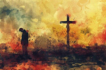 Christian figure stands alone in front of vibrant cross. Man prays with hands clasped, surrounded by swirling colors. Faithful moment. Christian spirituality, devotion, prayer, faith, hope.