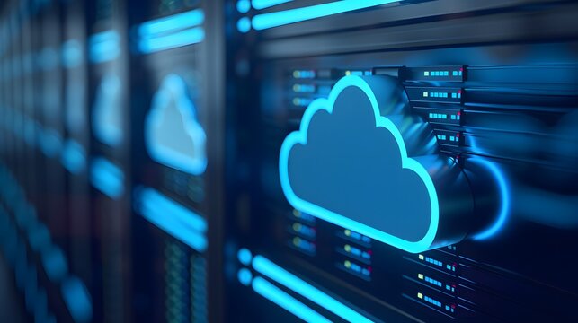 Close-up of servers in a data center with blue cloud icon representing cloud computing technology and digital storage solutions. 3D Illustration.