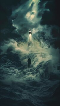 Verloren in der Dunkelheit: Mann vor Leuchtturm