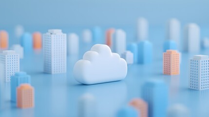 Cloud computing concept with 3D cloud icon amidst miniature city buildings representing modern technology and digital infrastructure. 3D Illustration.