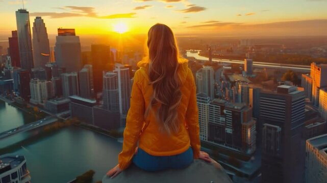 A girl in a yellow jacket looks at the sunset over the city.