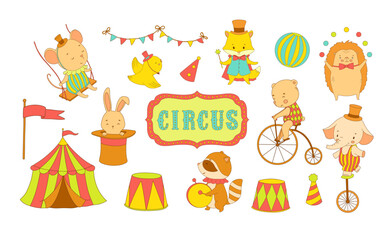 Obraz premium Circus cute animals, color illustrations set for nursery and kids. Woodland baby characters - elephant, bear on bike and bunny in magic hat