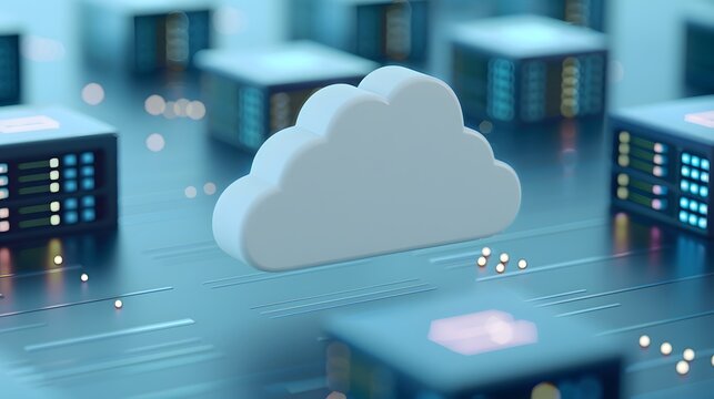 Cloud computing concept with cloud symbol and server hardware in data center, representing digital storage solutions and online network services. 3D Illustration.
