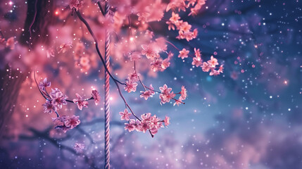 the serene beauty of a swing adorned with delicate blossoms, softly illuminated by the twinkling lights of a starlit sky, in a secret garden.