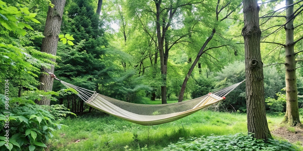 Poster Serenity in nature, a hammock swaying gently between tall trees, with a calming breeze blowing through, relaxation, hammock