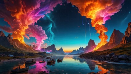 Fototapeta premium Fantasy Landscape with Boats and Colorful Clouds.
