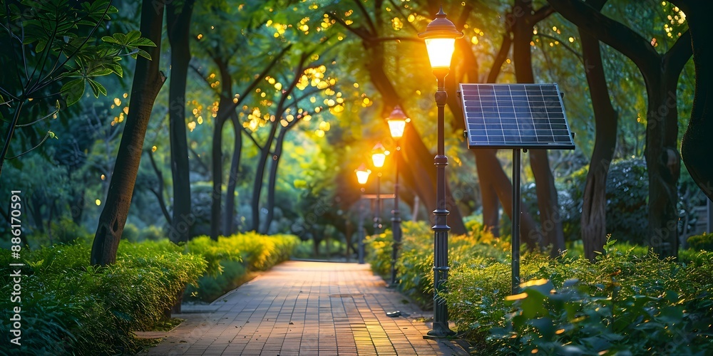 Sticker Solar Powered Streetlights Illuminating a Serene Park Path at Sunset