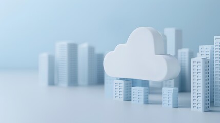Cloud icon among high-rise buildings representing digital and technology concepts in a cityscape setting, blue toned background. 3D Illustration.