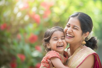Fototapeta premium Indian Mother Holding and Laughing with Her Child in a Garden Setting