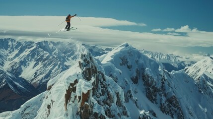Skier Soaring Over Snowy Mountain Peaks