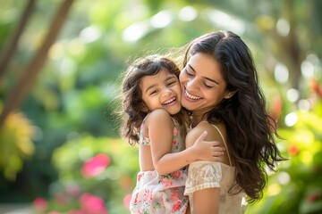 Indian Mother Holding and Laughing with Her Child in a Garden Setting