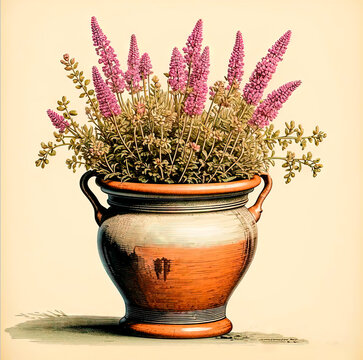 Flowering heather elsie purnell in an antique pot in the style of a vintage botanical illustration, Provencal style.