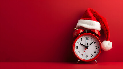 Red clock with Christmas Santa hat. It's time for the Christmas shopping concept. Blank red space for text design