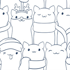 Monochrome Seamless Christmas pattern with cute cats in scarves and hats. Endless texture can be used for wallpaper, pattern fills, web page background, surface textures. Vector illustration EPS8
