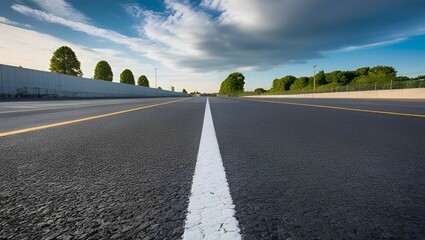 Fototapeta premium Carretera panorámica al atardecer desde abajo: amplio horizonte urbano y cielo colorido
