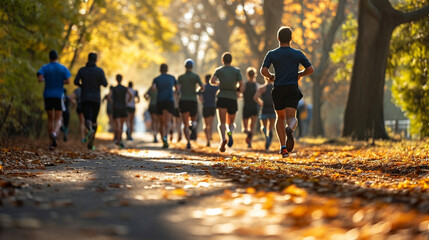 Joggers are running in a park during autumn, surrounded by beautiful foliage and sunlight