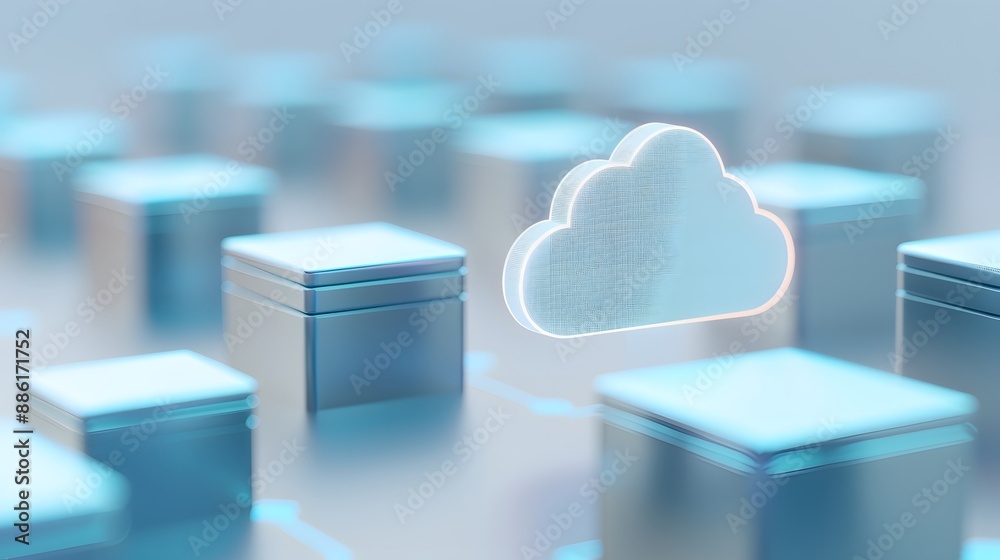 Poster digital cloud computing concept with 3d rendering of cloud icon and data blocks, illustrating futuri