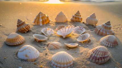 Collection of seashells arranged in circular patterns on a sandy beach, soft sunset glow, serene and natural mood, detailed shell textures, coastal and peaceful,