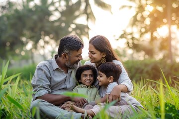 Fototapeta premium Happy Indian Family Bonding and Laughing Together in a Park at Sunset