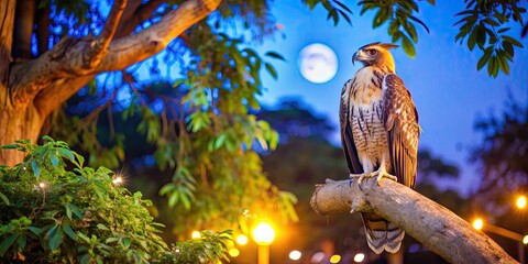 of Garuda bird perched on a tree at night, Garuda, bird, tree, night, sitting, majestic, fantasy, mythical, creature, feathers © Sujid