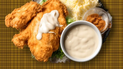 Crispy fried chicken with flour coating and tomato sauce on white background   delicious fast food
