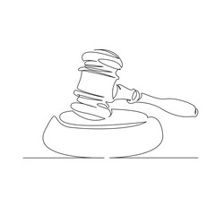 One continuous single drawing line art flat doodle judge, gavel, legal, justice, criminal, law, hammer, court, verdict. Isolated image hand draw contour on a white background