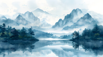 Serene mountain landscape with reflection on a tranquil lake, surrounded by lush greenery and misty peaks in a watercolor painting style.