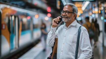 Indian Man Talking on Mobile Phone at Train Station with Blurred Background