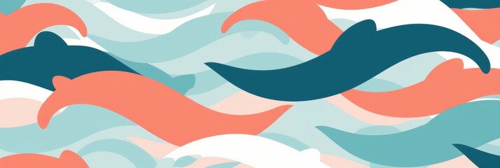 Abstract graphic design featuring stylized dolphins swimming in wavy water