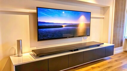 Fototapeta premium Modern soundbar integrated with television, entertainment, technology, home theater, audio equipment