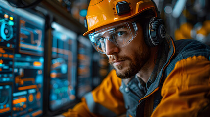 Engineer monitoring advanced systems on multiple digital screens, inspecting crucial data in a high-tech control room.