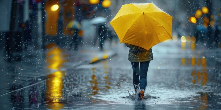 Spaziergang im Regen mit gelbem Regenschirm