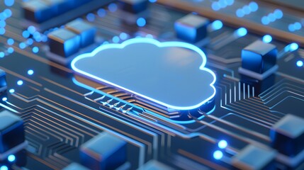 Digital cloud icon on a circuit board representing cloud computing technology and data processing in a modern digital environment. 3D Illustration.