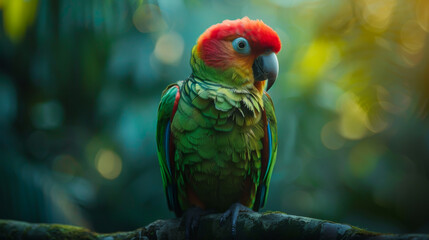 Obraz premium Close-up of a beautiful parrot in the tropics on a tree. Multi-colored bird in natural habitat. Concept of nature, animals.